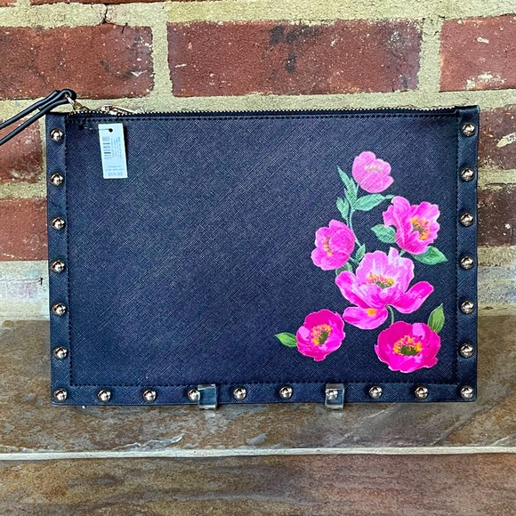 NEW White House Black Market Large Black Floral Studded Clutch Bag Wristlet NWT